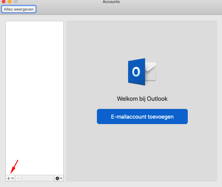 Outlook scherm op de Mac waar een account kan worden toegevoegd