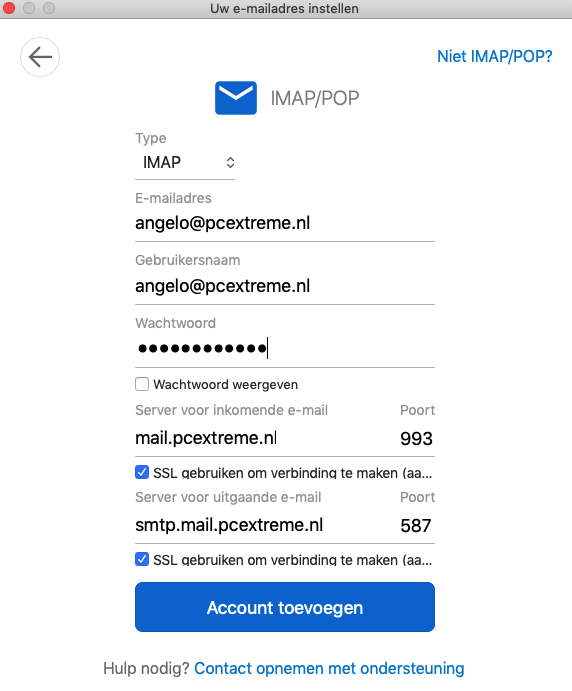 Overzicht van de benodigde mailgegevens om een account in Outlook toe te voegen