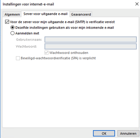 Scherm uit Outlook voor het instellen van uitgaande mail 