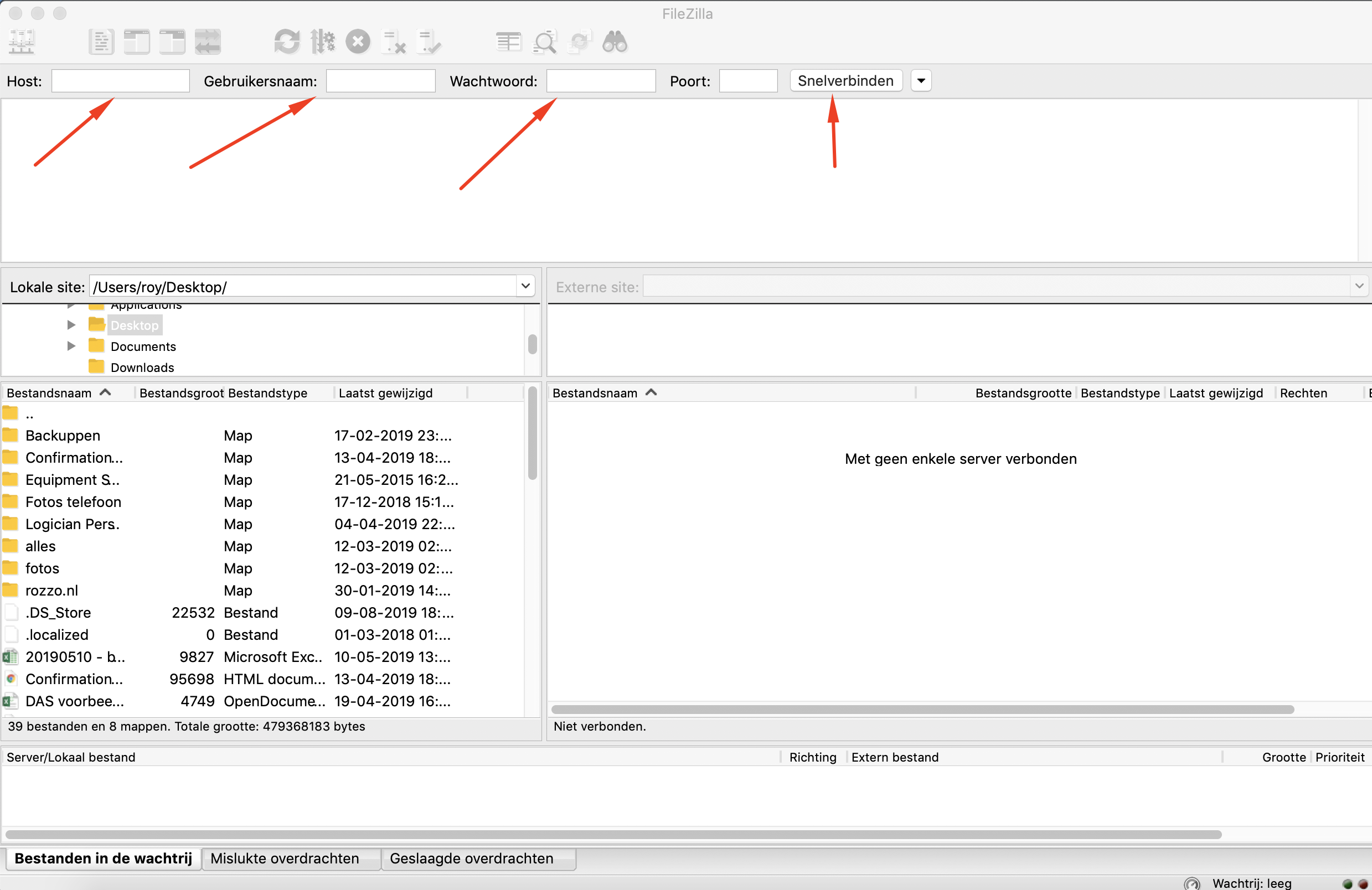Schermafbeelding van FileZille. Rode pijlen wijzen aan waar je de FTP gegevens kunt invullen om een verbinding te maken.
