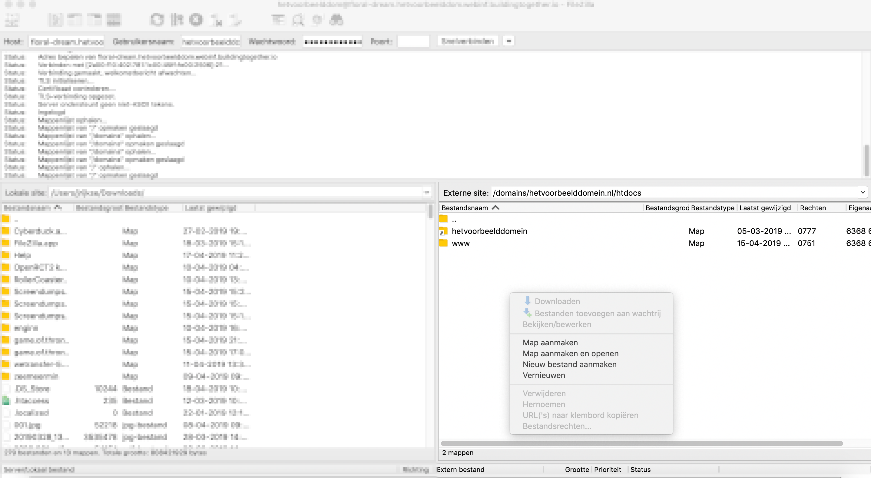 Screenshot van het programma FileZilla. Er is een verbinding gemaakt met een hostingpakket en we zien de map "www".
