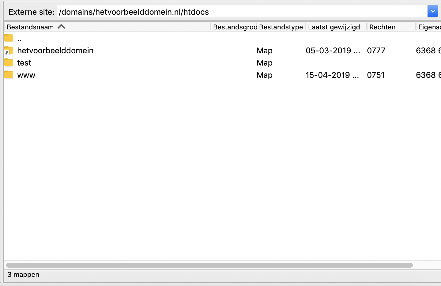 Screenshot van het bestandsbeheer van een hostingpakket. We zien onder andere de map "test".