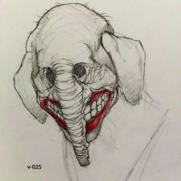De teaser is een schets van een groteske olifant met een clownslach.